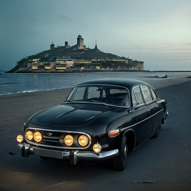 Um carro vintage preto está estacionado em uma praia com os faróis acesos. Ao fundo, há um grande castelo em uma colina. O céu está escuro e a água está calma.