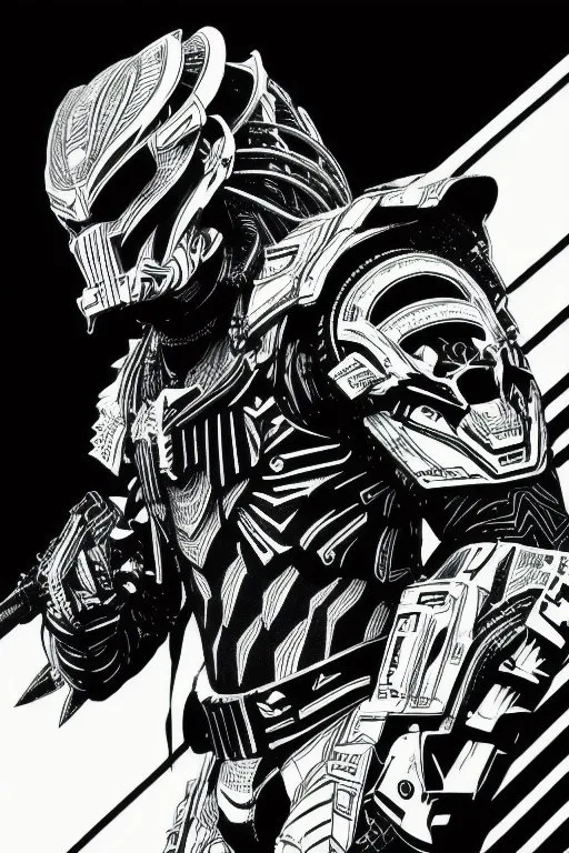 The image is a black and white illustration of the Predator, a fictional character from the Predator film series. The Predator is depicted as a tall, muscular humanoid with a large, ferocious face. It is wearing a suit of technologically advanced armor and is armed with a variety of weapons, including a pair of wrist-mounted blades and a shoulder-mounted cannon. The Predator is standing in a crouched position, ready to attack. The background is a series of vertical lines that give the image a sense of speed and d