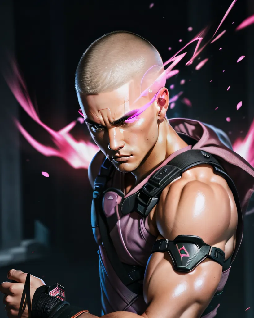 The image is of a man with a shaved head and glowing pink eyes. He is wearing a black vest with pink highlights and black and pink straps over his shoulders. He has a serious expression on his face and is looking at the viewer. There are pink particles around his head and shoulders.