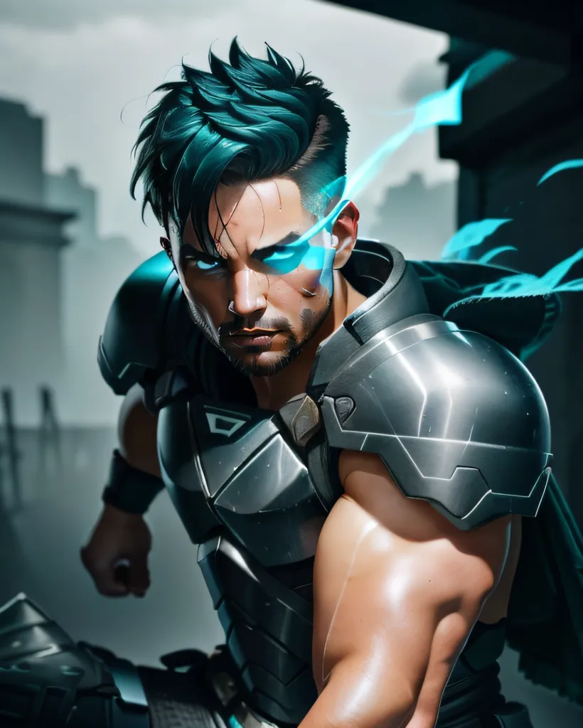 Esta es una imagen de un hombre con el cabello corto y azul. Está usando una armadura gris y azul. Su ojo izquierdo está brillando de color azul y hay una luz azul que sale de su cabeza. Está en posición de combate.