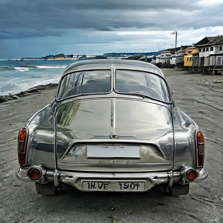 A imagem mostra um carro vintage prateado estacionado em uma estrada costeira com o oceano ao fundo. O carro é um sedã de quatro portas com um capô longo e um porta-malas curto. Ele tem para-choques cromados e pneus de parede branca. O carro está em bom estado e parece bem conservado. O fundo da imagem é uma estrada costeira com o oceano ao fundo. A estrada é ladeada por um muro de concreto baixo. A água está calma e não há ondas. O céu está nublado e há uma sugestão de chuva no ar. A imagem é pacífica e serena.