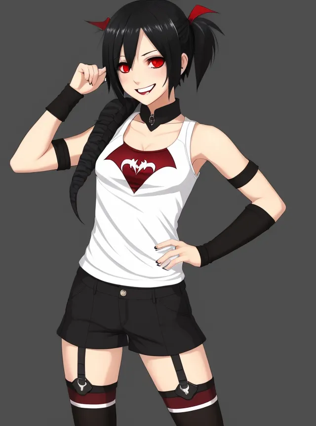 The image shows an anime-style girl with black hair and red eyes. She is wearing a white tank top with a black and red bat symbol on it and black shorts with suspenders. She is also wearing black boots and has a red choker around her neck. Her hair is in a ponytail and she has a smug expression on her face.