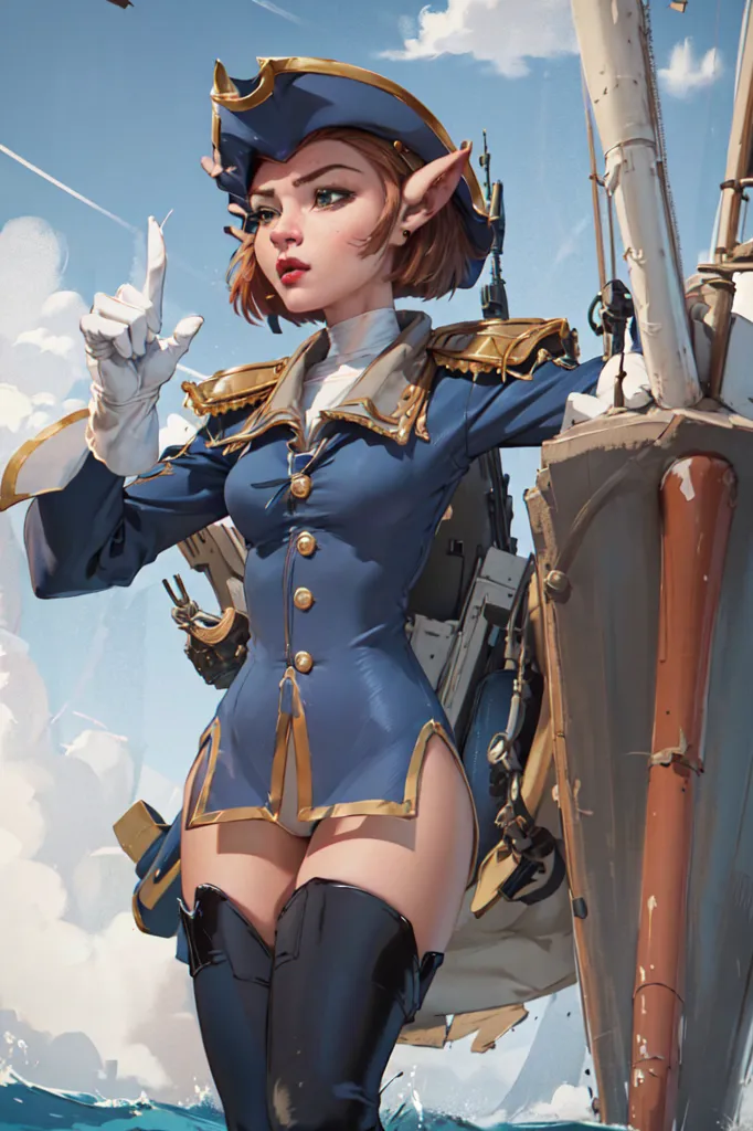 The image shows a female elf in a blue military uniform standing on the deck of a ship. She has brown hair, blue eyes, and pointed ears. She is wearing a blue hat, a white glove, and a blue coat with gold buttons. The coat is open, showing her white panties and black boots. She is also wearing a sword on her left hip. In the background, there is a large ship in the distance. The sky is blue and cloudy, and the water is a deep blue.