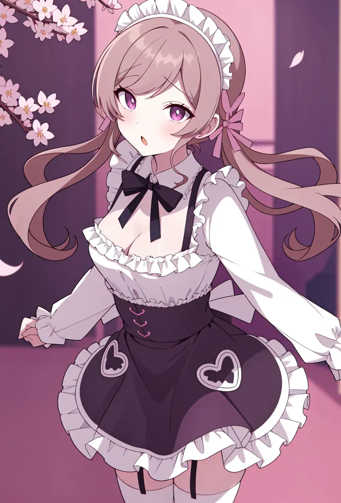 The image is of a young woman with long brown hair and purple eyes. She is wearing a maid outfit with a black and white bodice and a purple skirt. The bodice has a sweetheart neckline and is trimmed with white lace. The skirt is gathered at the waist and has a pleated hem. She is also wearing a pair of white thigh-high stockings and a pair of black mary jane shoes. Her hair is styled with two long pigtails that are tied at the ends with pink ribbons. She is standing in a room with a pink background. There are cherry blossoms falling from a tree in the background.