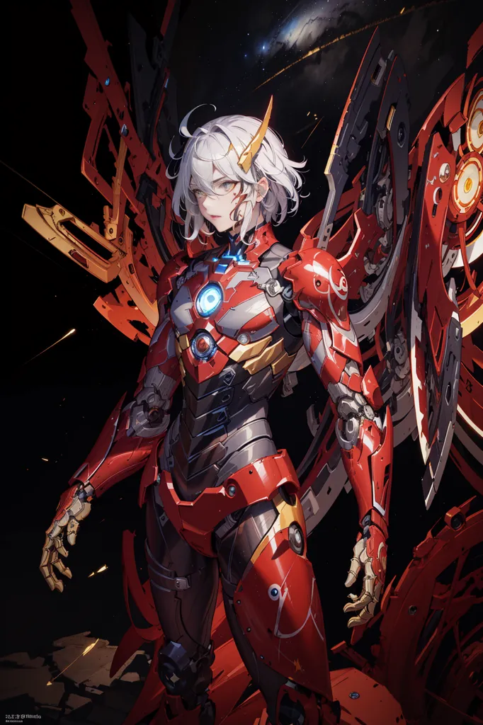 This is an illustration of a young woman wearing a red and gold powered exoskeleton suit. She has white hair and red eyes, and there is a glowing yellow circle on her chest. She is standing in a dark place, with a starry sky in the background. There are some red mechanical parts scattered around her.