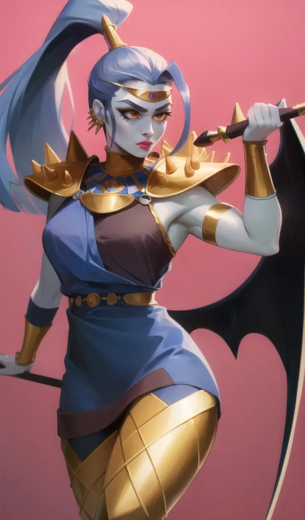 The image shows a woman with long blue hair and purple eyes. She is wearing a blue and gold outfit and has a sword in her hand. She is standing in front of a pink background. The woman has a determined expression on her face and looks like she is ready to fight.