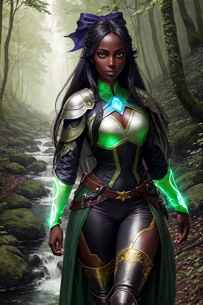 Esta imagen muestra a una hermosa mujer negra con cabello negro largo y ojos verdes. Lleva un atuendo verde y negro con armadura de plata y oro. También lleva una cinta azul en el cabello y tiene marcas brillantes de color verde en las manos y el cuello. Está de pie en un bosque, rodeada de árboles y un río.