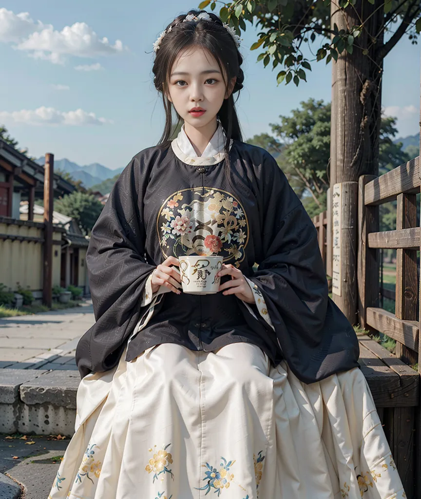 The image shows a young woman wearing a traditional Chinese dress called a Hanfu. The dress is black with white and gold accents. The woman is sitting on a bench in a park, holding a teacup. She has long black hair and is wearing a traditional Chinese hairstyle. The background is a blurred image of a Chinese garden.