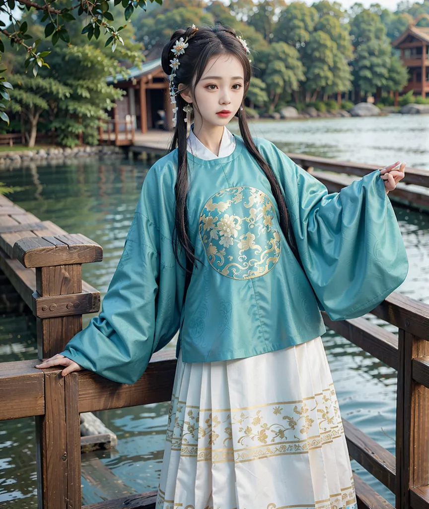 The image shows a young woman wearing a traditional Chinese outfit, called a Hanfu. The outfit is light blue with white and gold accents. The woman is standing on a wooden bridge, with a lake in the background. She has her hair in a bun and is wearing traditional Chinese hair accessories. The overall look is one of elegance and beauty.