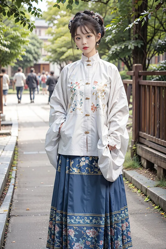 The image shows a young woman wearing a traditional Chinese outfit, called a Hanfu. The outfit is white and blue, with intricate floral embroidery. The woman is standing in a park, surrounded by trees and flowers.