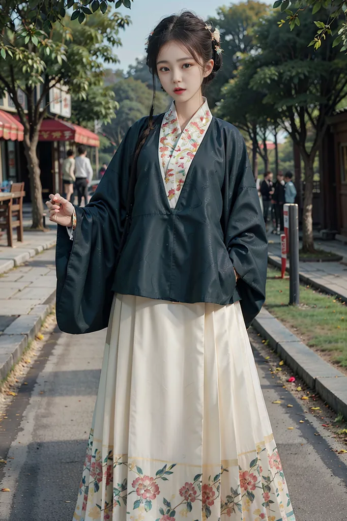 A imagem mostra uma jovem mulher vestindo um traje tradicional chinês, chamado Hanfu. O traje consiste em uma longa túnica preta com mangas largas e uma saia branca com um padrão floral na parte inferior. O cabelo da mulher é longo e preto, e ela está usando uma faixa branca na cabeça com uma flor rosa. Ela também está usando uma maquiagem leve. O fundo da imagem é uma cena de rua desfocada.