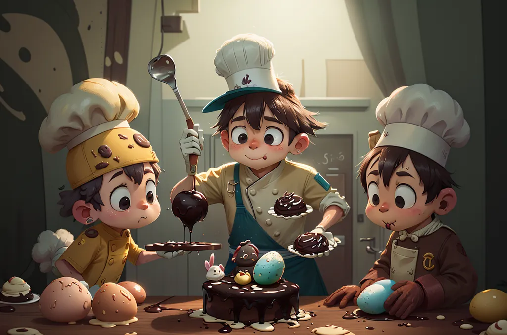 Tres niños están haciendo un pastel de chocolate en una cocina. Todos llevan gorros de chef y delantales. El niño del medio está sosteniendo una cuchara grande y vertiendo salsa de chocolate sobre el pastel. El niño de la izquierda está sosteniendo un tazón de huevos y el niño de la derecha está sosteniendo una canasta de huevos de chocolate. El pastel está decorado con glaseado de chocolate, crema batida y huevos de chocolate. También hay un conejito de chocolate encima del pastel. Los niños están sonriendo y parecen felices de estar haciendo el pastel.