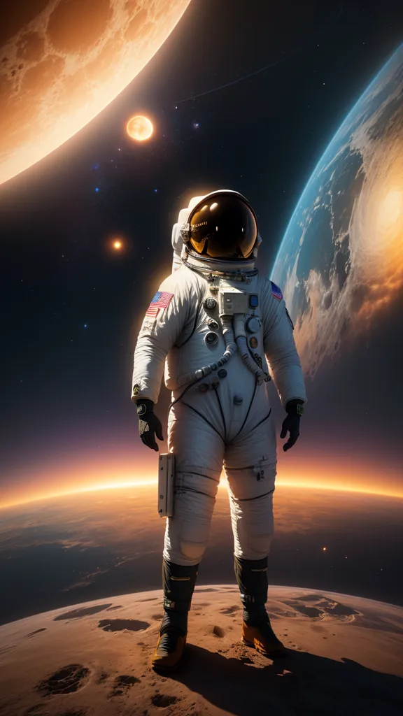 This is an image of an astronaut standing on the surface of a planet. The astronaut is wearing a white spacesuit with a gold-colored visor. There is a large moon in the background, and a blue planet in the distance. The surface of the planet is covered in rocks and dust. The astronaut is standing in a crater, and there are mountains in the background. The sky is full of stars.