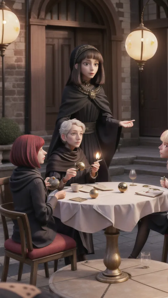 The image shows four women in medieval-style clothing sitting around a table in a courtyard. The woman at the head of the table, with long dark hair and wearing a black dress with a white collar, is holding a candle and speaking to the other three women. The woman to her right, with red hair and wearing a black dress with a white collar, is looking at her with a serious expression. The woman to her left, with short blonde hair and wearing a black dress with a white collar, is looking at the woman at the head of the table with a thoughtful expression. The fourth woman, with long blonde hair and wearing a black dress with a white collar, is looking at the woman at the head of the table with a skeptical expression.