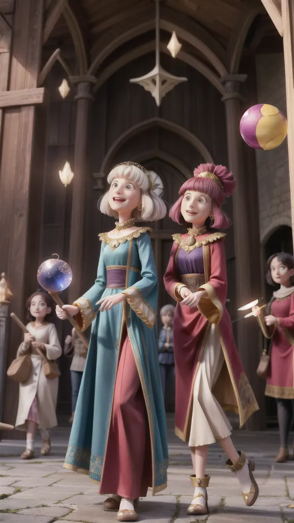 This is an image of two women in a medieval setting. They are both wearing long dresses and have their hair up. The woman on the left is wearing a blue dress and the woman on the right is wearing a red dress. They are both holding staves and there are several children following them. The children are all wearing different colored clothes and they are all carrying different things. The background is a large building with a stone floor. There are wooden beams supporting the ceiling and there are several large windows.