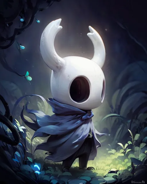 The image is of a character from the video game Hollow Knight. The character is known as the Knight, and they are standing in a dark forest. The Knight is a small, white creature with a large head and a pair of horns. They are wearing a blue cloak. The Knight is holding a sword in their right hand. There are several small, blue creatures flying around the Knight. These creatures are known as Wisps, and they are common enemies in the game. The background of the image is a dark forest. There are several large trees in the background, and the ground is covered in leaves. The image is drawn in a cartoon style, and the colors are vibrant and bright.