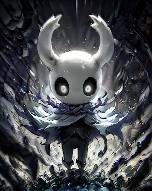 The image is of a character from the video game Hollow Knight. The character is the Knight, a small, white, bug-like creature with a large head and a pair of horns. The Knight is standing in a dark, underground chamber. The ground is covered in the bodies of dead bugs, and the walls are covered in sharp spikes. The Knight is surrounded by a group of enemies, but it is not afraid. It is determined to fight its way through the enemies and reach the surface.