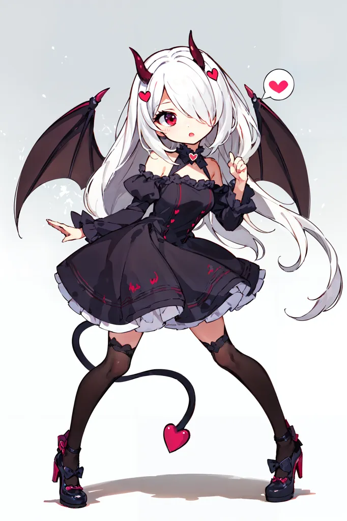 The image is of a young girl with white hair and red eyes. She is wearing a black dress with a red heart-shaped gem on the front. She also has black wings and a tail. She is standing in a pose with her left hand on her hip and her right hand pointing upwards.