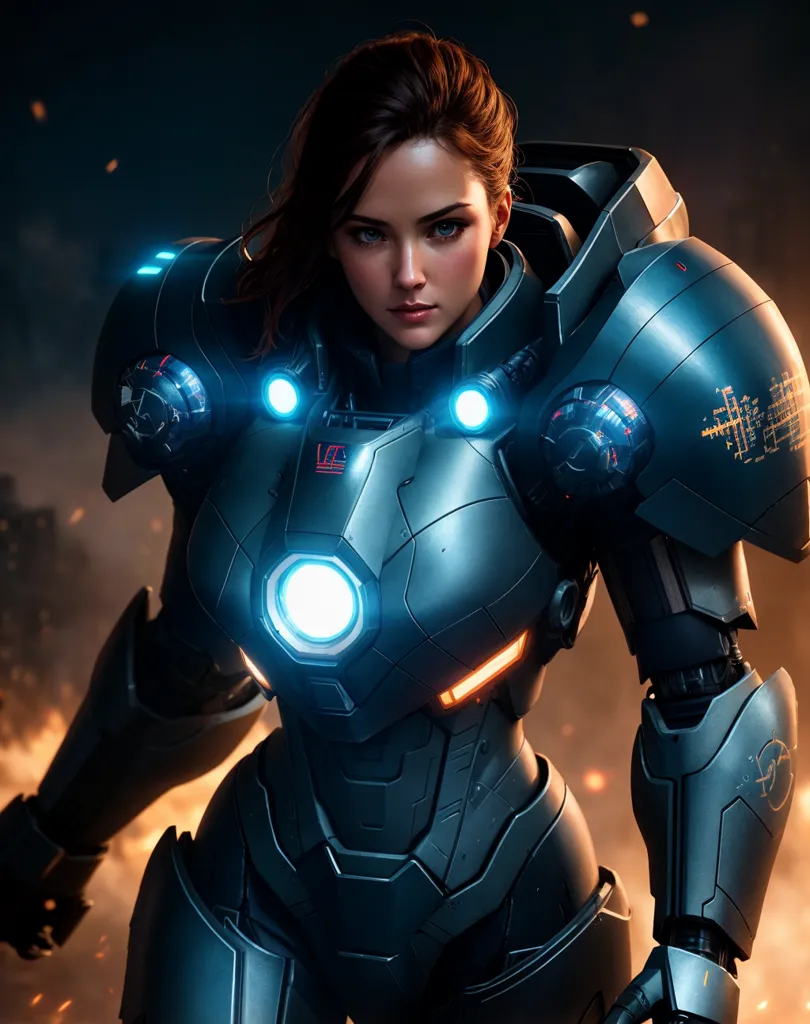 This is an image of a woman wearing a high-tech suit of armor. The armor is mostly blue and gray, with orange highlights. The woman has brown hair and blue eyes. She is standing in a dark place, with a bright light behind her. There are also flames on either side of her.