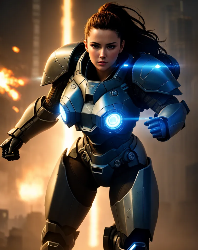 This is an image of a woman wearing a futuristic armor suit. The armor is blue and gray with blue lights on the chest and arms. She has brown hair and blue eyes. She is standing in a fighting stance with her fists raised. The background is a blurred city with explosions and lights.