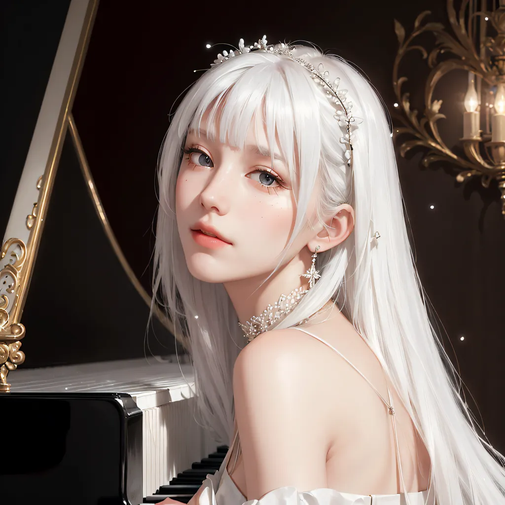 The image shows a beautiful young woman with long white hair and blue eyes. She is wearing a white dress and a tiara. She is sitting at a piano and is looking at the keys. The background is blurry, but it looks like there is a dark wall behind her. The woman is very detailed and realistic. Her skin is smooth and flawless, and her eyes are bright and lifelike. The image is very beautiful and captures the woman's beauty and elegance.