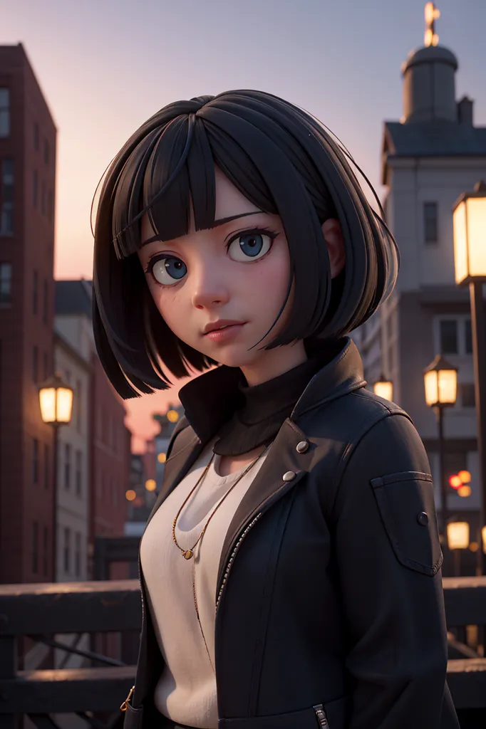 This is a 3D rendering of a young woman with short black hair and blue eyes. She is wearing a white turtleneck blouse and a black leather jacket. She is standing in an urban setting with a blurred background. The street is lit by street lamps.