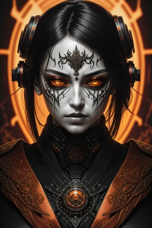 This is an image of a woman's face. She has dark hair and orange eyes. Her face is painted white with black markings. She is wearing a black and orange outfit with a lot of metal detailing. She also has a pair of headphones on.