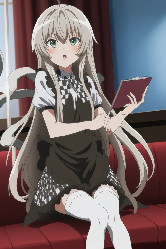 The image shows a young girl with long silver hair and green eyes. She is wearing a black and white maid outfit with a checkered pattern on the skirt and a white apron. She is sitting on a red sofa, reading a book. She has a surprised expression on her face.