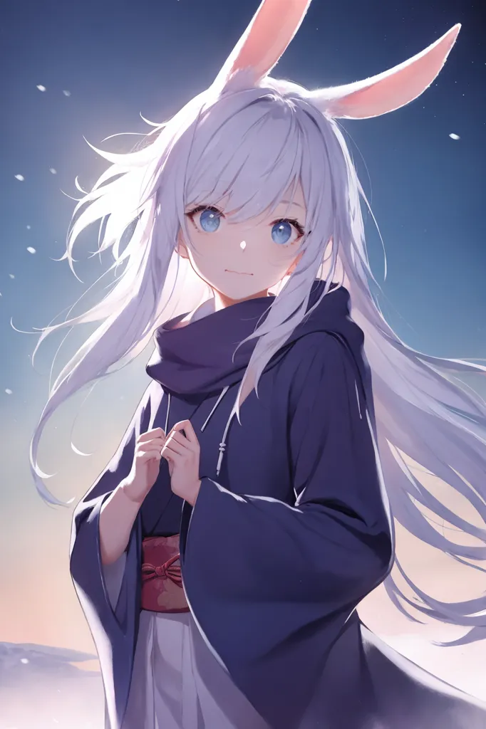 La imagen es de una niña joven con el cabello blanco largo y ojos azules. Está usando un kimono azul con un obi blanco y tiene orejas de conejo. Está de pie en un paisaje nevado y mira al espectador con una sonrisa tímida en su rostro.