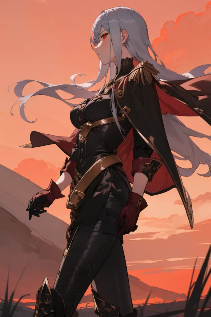 The image is a portrait of a female character with long silver hair and red eyes. She is wearing a black military uniform with red and gold trim. The uniform has a long coat with a high collar and a skirt. She is also wearing black boots and gloves. The character is standing in a field of grass with a mountain range in the background. The sky is a gradient of orange and yellow.