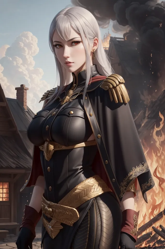 The image is of a woman with long white hair and red eyes. She is wearing a black military uniform with gold epaulettes and a red sash. She is also wearing a black cape with a gold trim. The woman is standing in front of a burning building. There are ruins of houses in the background. The sky is dark and cloudy.