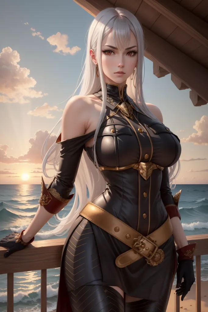 The image is of a beautiful woman with long white hair and red eyes. She is wearing a black and gold outfit. She is standing on a balcony with one hand on the railing and the other on her hip. The background is of a sunset over the ocean.