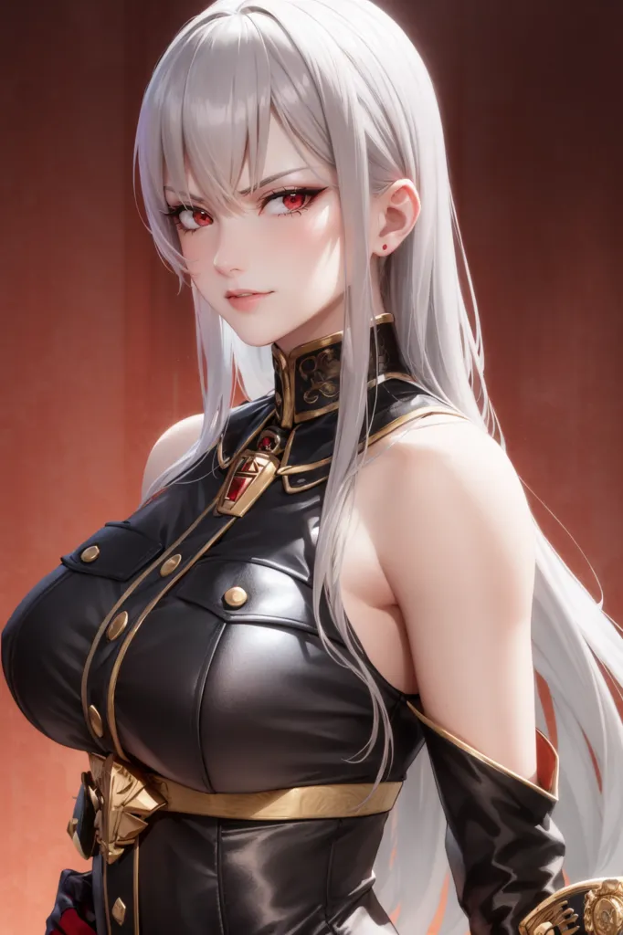 The image is a digital painting of a beautiful woman with long silver hair and red eyes. She is wearing a black leather dress with gold trim and a white rose on her left shoulder. The background is a deep red. The woman has a serious expression on her face and is looking at the viewer with her left eye.