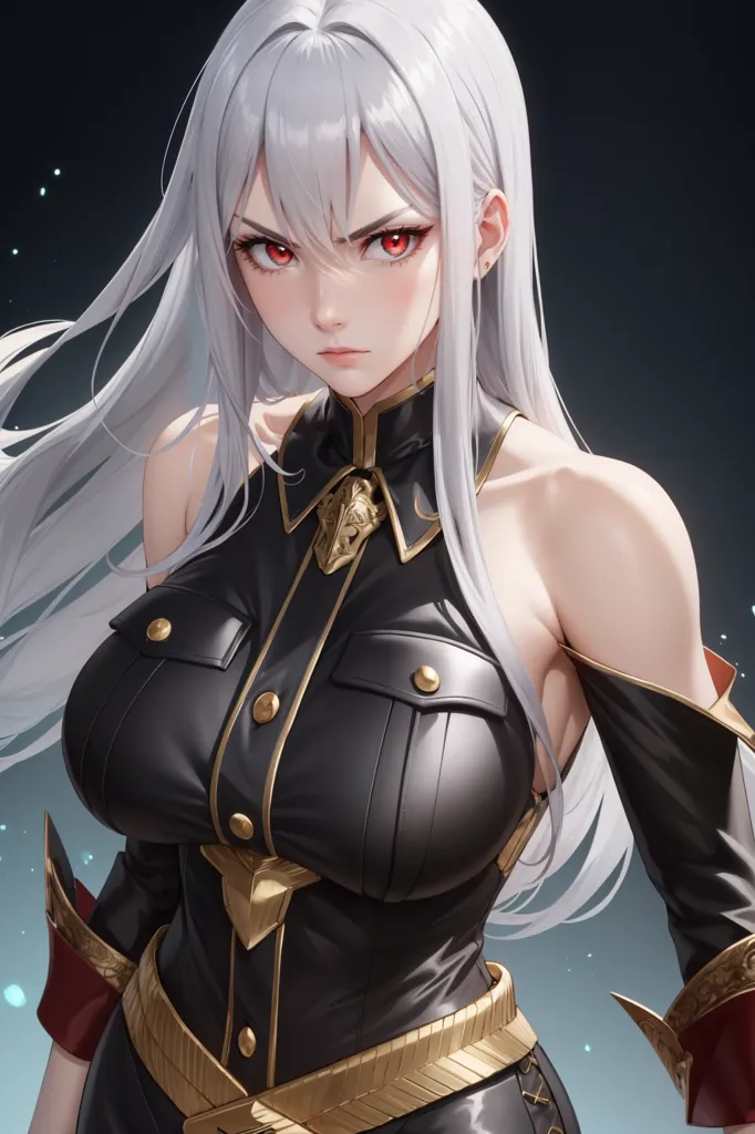 La imagen es una pintura digital de una hermosa mujer con el cabello blanco largo y ojos rojos. Lleva un uniforme militar negro con botones dorados y una banda roja. Tiene una expresión seria en su rostro y mira al espectador con la cabeza ligeramente inclinada hacia la derecha. Está de pie frente a un fondo oscuro con algunas luces desenfocadas en el fondo.