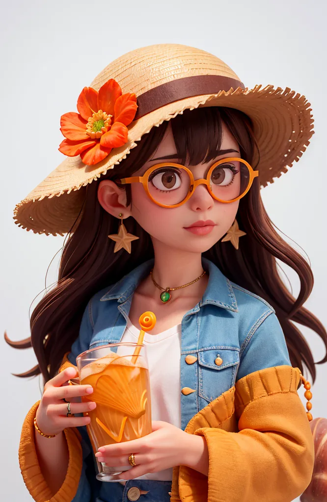 Voici une image d'une jeune femme, elle a de longs cheveux bruns et des yeux marron. Elle porte un chapeau de paille avec une fleur orange, une paire de lunettes, un chemisier blanc, une veste en jean bleue et un pull orange. Elle porte également un collier et un bracelet. Elle tient un verre de jus d'orange dans sa main droite.