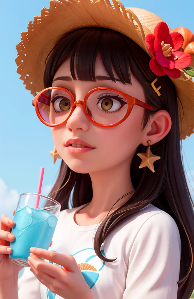 This is a picture of a young woman, she has big brown eyes and long dark brown hair. She's wearing glasses with red frames and a straw hat with a red flower on it. She's also wearing a white shirt and has a blue drink in her hand. She has star shaped earrings on.