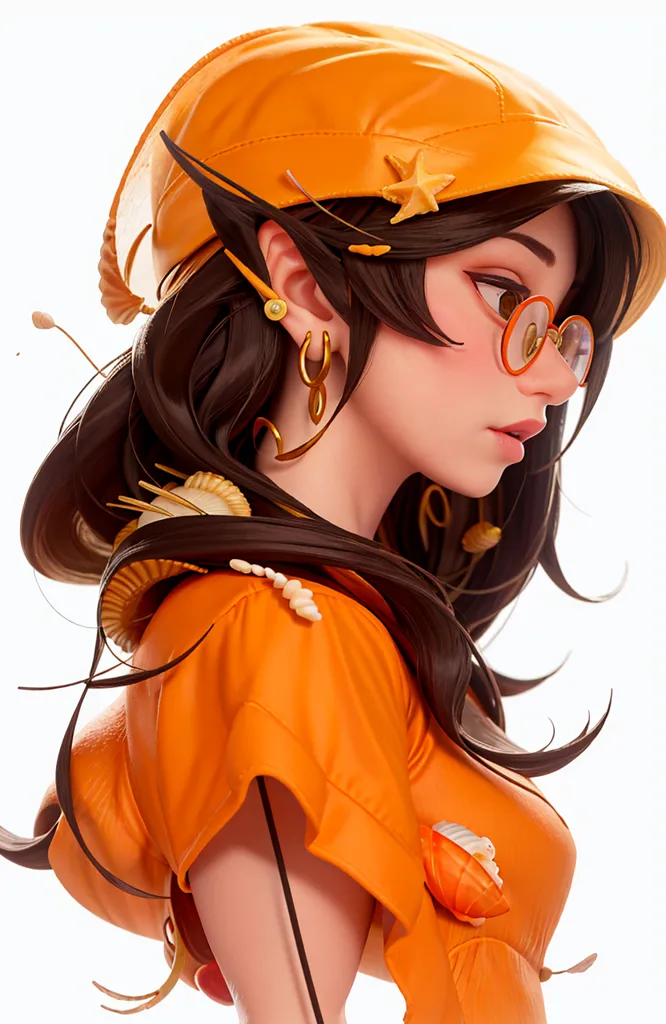 This is a picture of a young woman with long brown hair. She is wearing a yellow hat with orange seashells and starfish on it. She is also wearing glasses, a pearl earring on her left ear, and a gold earring on her right ear. She is wearing an orange shirt with seashells on it.