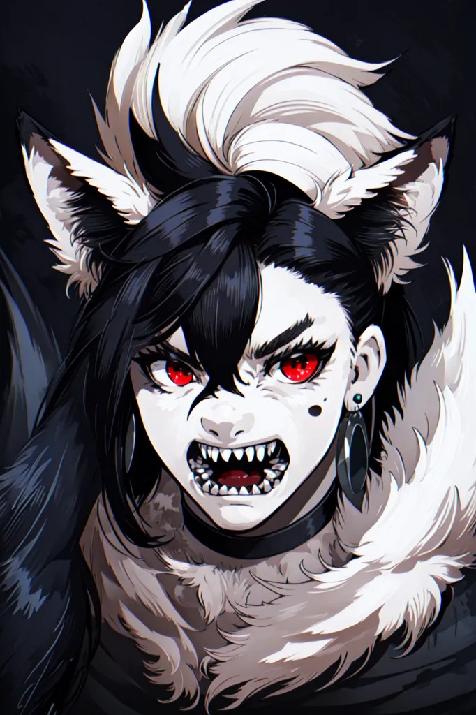 The image is a portrait of a half-wolf half-human creature with long black and white hair. The creature has red eyes and sharp teeth and is wearing a black choker with a silver pendant. The creature is standing in front of a dark background and is looking at the viewer with an angry expression.