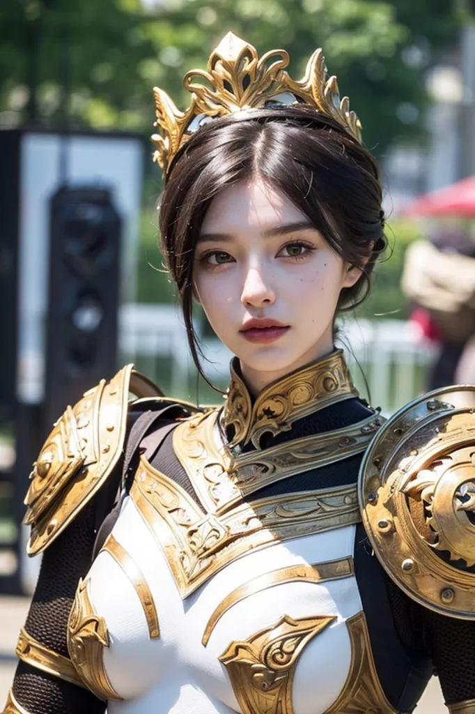 This image shows a young woman, probably in her late teens or early twenties, with long, dark hair styled in a half-up, half-down hairstyle. She is wearing a gold and white breastplate with intricate designs and a gold crown. The breastplate has shoulder pads and a large circular shield on the right side. She is also wearing dark-colored pants or leggings. The background is blurred, but it looks like she is standing in a courtyard or other outdoor area.