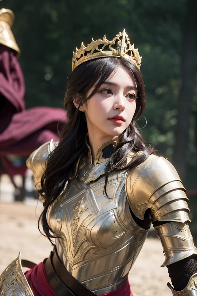 The image shows a young woman, with long black hair, wearing a golden crown and medieval-style golden armor. She is looking to the right of the frame, with a neutral expression on her face. She is standing in a forest, with green trees in the background.