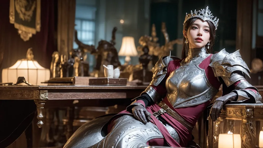 The image shows a woman in a fantasy setting. She is wearing silver armor and a red dress. She is sitting on a throne and there is a table with a lamp on it behind her. There are also some statues in the background. The woman is looking at the viewer with a serious expression.