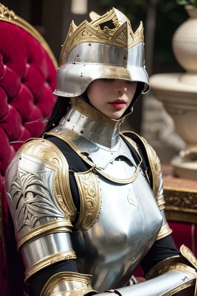 L'image montre une jeune femme en armure médiévale. Elle porte une cuirasse argentée avec des motifs de filigrane d'or complexes et un casque assorti avec une couronne dorée. L'armure a également des sections noires. Elle est assise sur un trône de velours rouge, tenant son casque sur ses genoux. Elle regarde le spectateur avec une expression sérieuse.