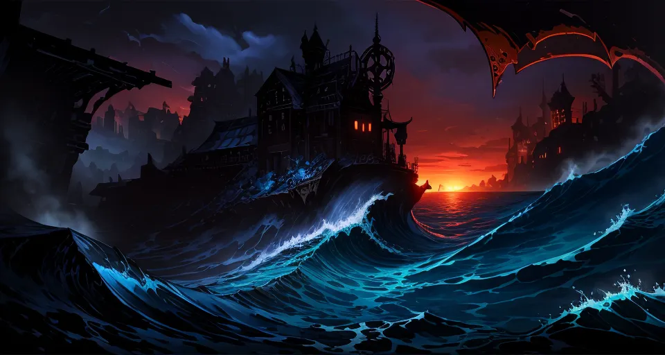 The image is a dark fantasy landscape. A large, gothic castle is perched on a rocky cliff overlooking a stormy sea. The sky is dark and there are stormy clouds. The castle is made of dark gray stone and has a large clock tower. The waves are crashing against the rocks below the castle. There is a dark figure with red wings flying in the sky.