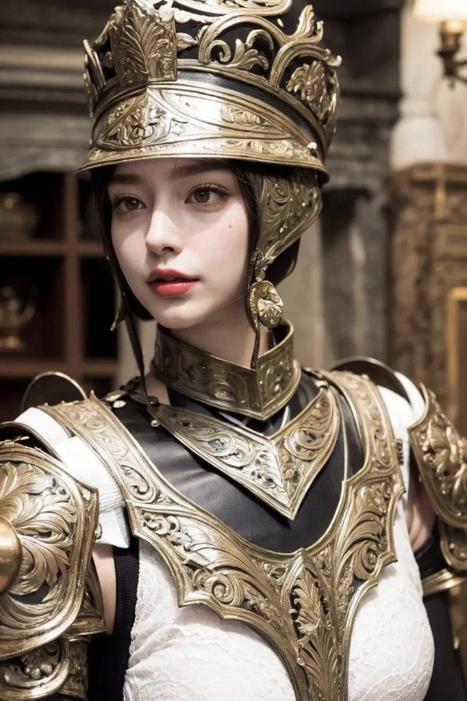 The image shows a young woman wearing a golden helmet and armor. The helmet has intricate designs and a red plume. The armor is made of metal plates and has a white undershirt. The woman has long black hair, red lips, and light makeup. She is looking to the right of the frame with a serious expression. The background is blurry and looks like a medieval castle.