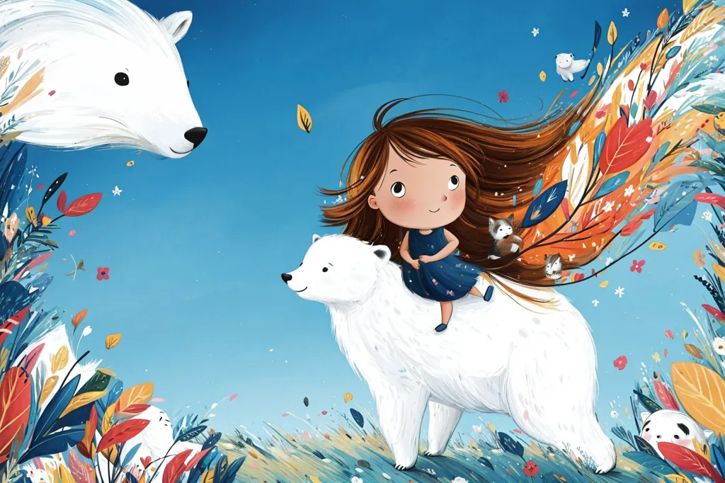 A girl with long brown hair is riding on the back of a polar bear. The girl is wearing a blue dress. The polar bear is walking through a field of flowers. The background is a light blue color. There are also two small rabbits hitching a ride in the girl's hair.