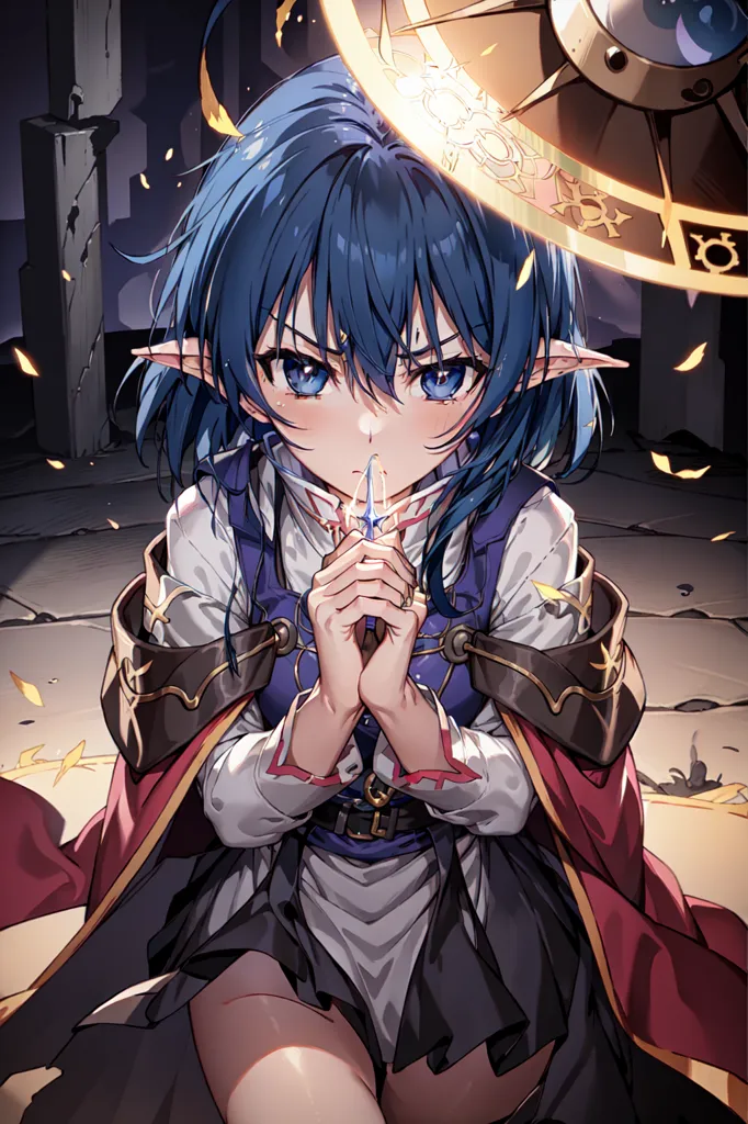 The image is of a young woman with blue hair and blue eyes. She is kneeling on the ground with her hands clasped together in front of her. She is wearing a white shirt, a red cape, and a brown skirt. She has a sword in her hand. There is a golden halo above her head. The background is of a stone structure with a large door.