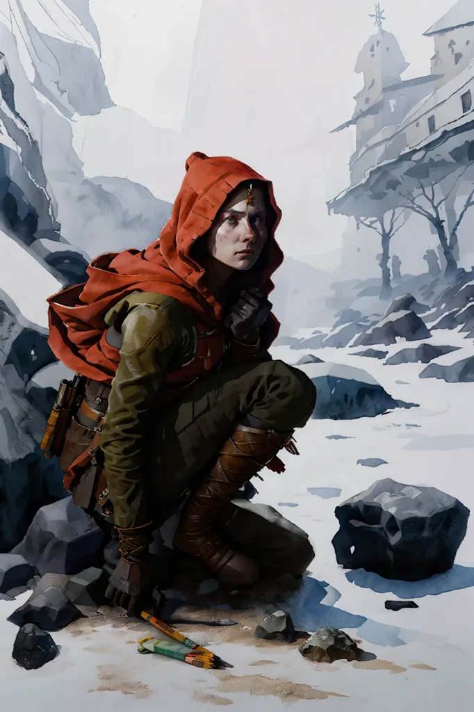 This image shows a person wearing a red hood and green clothing in a snowy mountain landscape. They are crouched down on one knee behind a rock, as if hiding or taking cover. The background is a mountain landscape with snow on the ground and rocks and trees in the distance. The person is wearing a red hood and a green shirt. They have a knife in their hand.