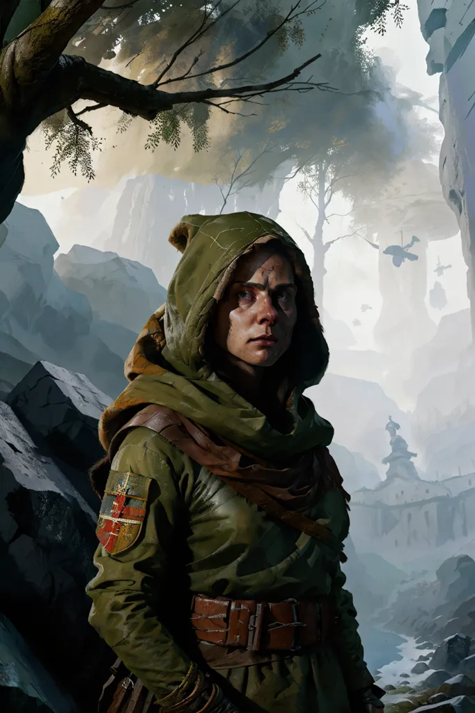 This image shows a person in a green outfit with a hood pulled back to reveal short dark hair. They are standing in front of a rocky cliff. There are some ruins on top of the cliff. In the background, there is a large tree with no leaves. There is a river flowing through the valley. The person has a determined look on their face. They are holding a staff in their right hand. They are wearing a green tunic with a brown belt. They have a red and white patch on their left shoulder. They have a brown bag on their right hip.