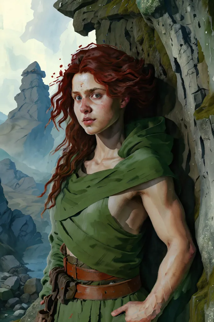 This image shows a redheaded woman in a green dress standing in front of a rock. She is wearing a brown belt and has a sword on her hip. She has a determined look on her face and is looking towards the viewer. The background is a blur of rocks and mountains.