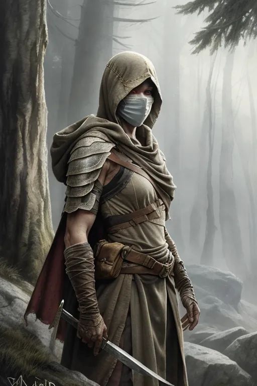 This image shows a person in a brown outfit, with a hood and a white mask covering their mouth and nose. They are standing in a dark forest, holding a knife. They are wearing a brown leather belt with a small bag hanging from it. They also have brown leather armor on their shoulders and arms.